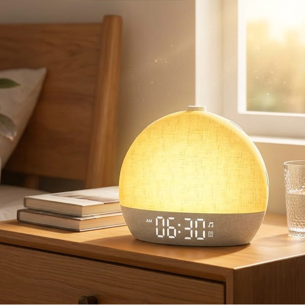 Dremelle sunrise alarm clock wake-up light glowing on a nightstand, simulating a natural sunrise